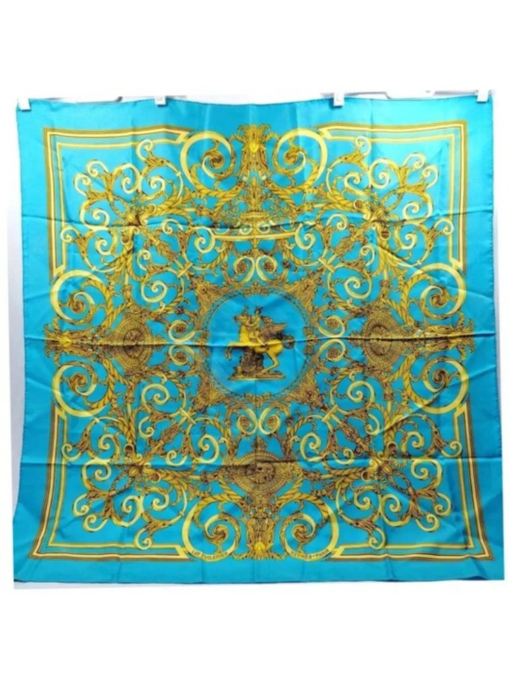 Authentic Hermès Les Tuileries Carré 90 Silk Scarf Blue Gold